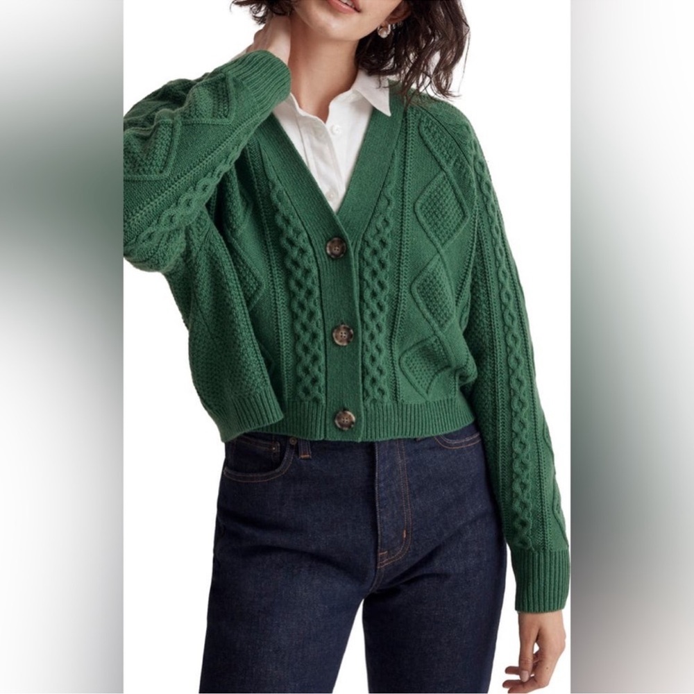 Madewell Cable Knit Cropped Cardigan Sweater Kelly Green XXS